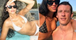 Dua Lipa flaunts her toned figure in skimpy polka dot bikini while posing with fiancé Callum Turner
