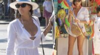 Eva Longoria rocks skimpy white bikini and sheer romper on family getaway in Spain