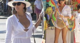 Eva Longoria rocks skimpy white bikini and sheer romper on family getaway in Spain