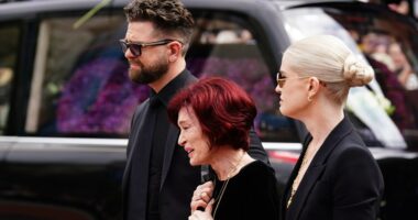 Heartbreaking moment Kelly and Jack Osbourne cling to mum Sharon as she’s overcome with grief at Ozzy memorial