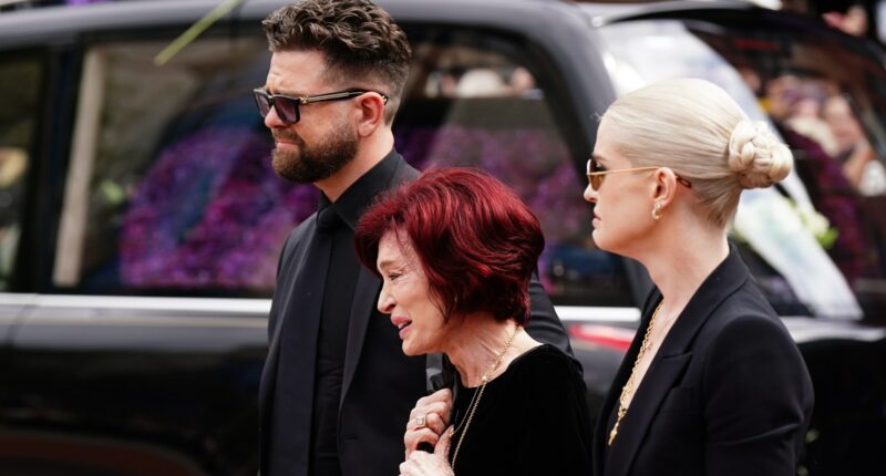 Heartbreaking moment Kelly and Jack Osbourne cling to mum Sharon as she’s overcome with grief at Ozzy memorial