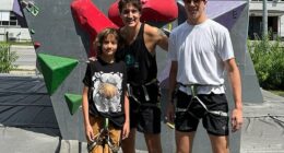 Trudeau ditches the suit for a sleeveless tank as he poses with sons Xavier and Hadrien at a climbing gym during their Canadian road trip