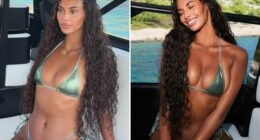 An image collage containing 2 images, Image 1 shows Sophie Piper in a green bikini on a boat, Image 2 shows Sophie Piper in a green bikini on a boat