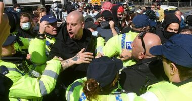MANCHESTER: Protesters clash with police during a far-right protest