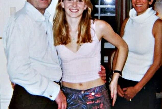 Prince Andrew with his arm around 17-year-old Virginia Giuffre as they stand next to Ghislaine Maxwell