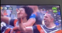 The West Tigers players appeared to taunt Canterbury Bulldogs fans, with Brent Naden (right) seen to perform a 'Khod' gesture