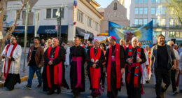 Catholic bishops invited by Mark Seitz, center, the bishop of El Paso, Texas, lead a march in solidarity with migrants on March 24, 2025, in downtown El Paso.