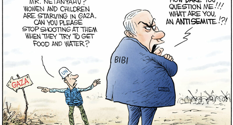 Netanyahu Accepts No Criticism for Gaza Starvation by Christopher Weyant, CagleCartoons.com