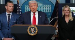President Donald Trump speaks at a White House press briefing flanked by Attorney General Pam Bondi and Secretary of Defense Pete Hegseth