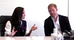 Prince Harry and Meghan Markle speaking at Marcy Lab School in New York City. According to body language expert Judi James, Harry 'collapsed like a souffle' after Meghan repeatedly interrupted him